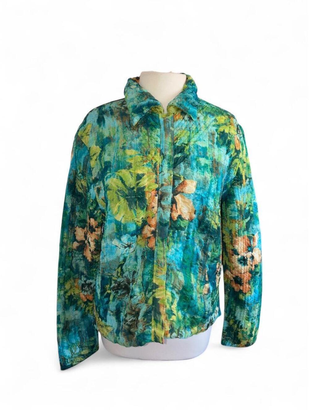 UbU Reversible Crinkle Travel Jacket - Floral Watercolor & Lime Green (Full Zip)